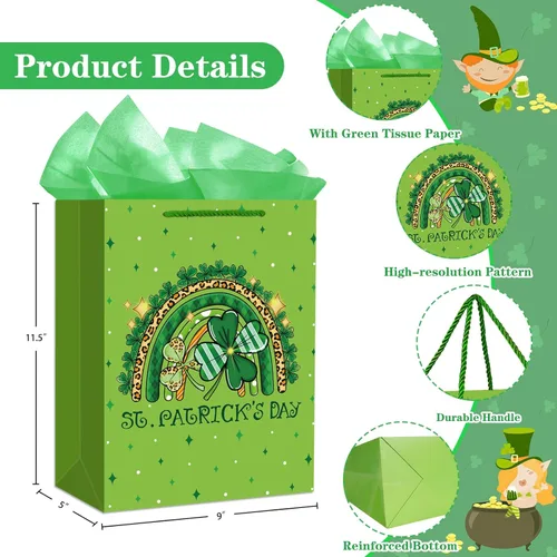 Miniatura 6 de WaaHome Bolsa de regalo del día de San Patricio con asa, bolsas de regalo de trébol verde grande con papel de seda, bolsa de regalo de papel