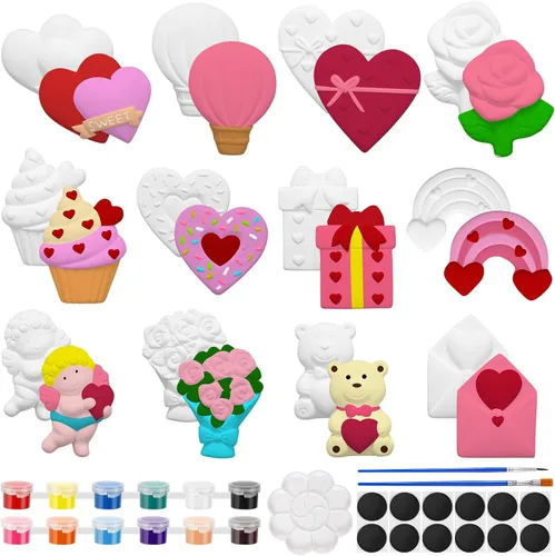 Miniatura 11 de Sinmoe 12 juegos de kit de arte y manualidades, kit de pintura de cerámica sin pintar DIY, pinta tus propias figuras con 12 imanes, 2 pinceles y 1