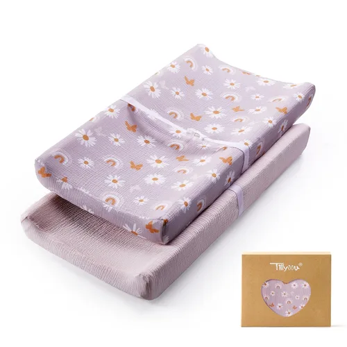 Miniatura 9 de TILLYOU Funda de muselina para cambiador de pañales para bebés, niñas y niños, de algodón suave y transpirable, 2 unidades (flor amarilla)