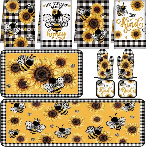 Miniatura 19 de Fourluoo Juego de 10 piezas de decoración y accesorios de cocina de girasol, diseño de búfalo blanco y negro, juego de manoplas de horno y soportes