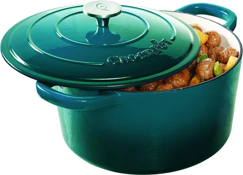 Miniatura 5 de Crock-Pot Artisan - Horno holandés redondo de hierro fundido esmaltado de 3 cuartos de galón, color verde azulado degradado, utensilio de cocina