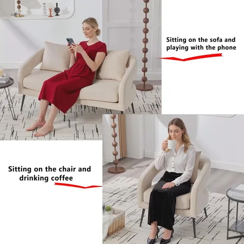 Miniatura 7 de Juego de 1 sofá biplaza pequeño y 2 sillas decorativas, juego de sofá y sillón de 3 piezas para sala de estar, moderno sofá de terciopelo con silla