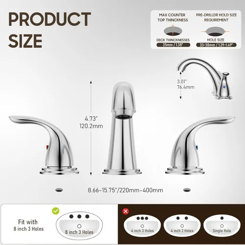 Miniatura 3 de Phiestina Paquete de 2 Grifos de Baño Extendidos de 8 Pulgadas con 2 Manijas y 3 Orificios para Montaje en Cubierta de Níquel Cepillado, con Desagüe