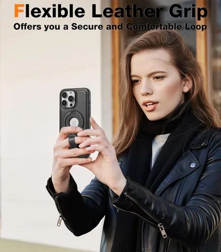 Miniatura 4 de Butaiga - Funda para iPhone 12 Pro Max con correa de cuero, soporte de anillo, color negro Finger Loop, Relieve Smartphone Pinky Strain