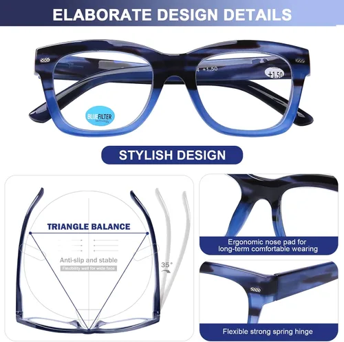 Miniatura 5 de AQWANO Oversized Design Reading Glasses Women/Men, Computer Blue Light Blocking Square Readers Paquete de 4