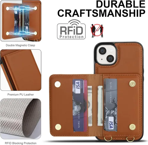 Miniatura 5 de Funda de teléfono para iPhone 13 Mini de 5.4 pulgadas con protector de pantalla, correa cruzada para muñeca, bloqueo RFID, tarjetero de crédito