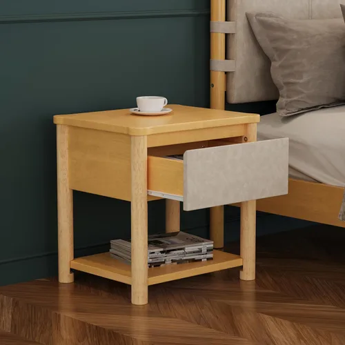 Miniatura 5 de Moderno juego de base de cama Queen con 2 mesitas de noche, cama de plataforma de madera beige con cabecero y mesitas de noche a juego