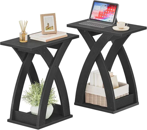 Miniatura 10 de HOOBRO Mesa auxiliar para sala de estar, mesa auxiliar estrecha para espacios pequeños, mesa auxiliar negra de 3 niveles con estante