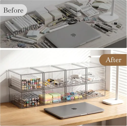 Miniatura 8 de Paquete de 8 pequeñas cajas de almacenamiento de acrílico apilables transparentes para herramientas de arte y bocetos, cajones de almacenamiento