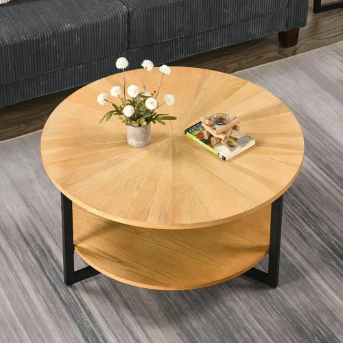 Miniatura 10 de KFZ1338NC - Mesa de centro redonda con estante de almacenamiento, para sala de estar, cóctel, patas de metal negro, centro circular de madera Natural
