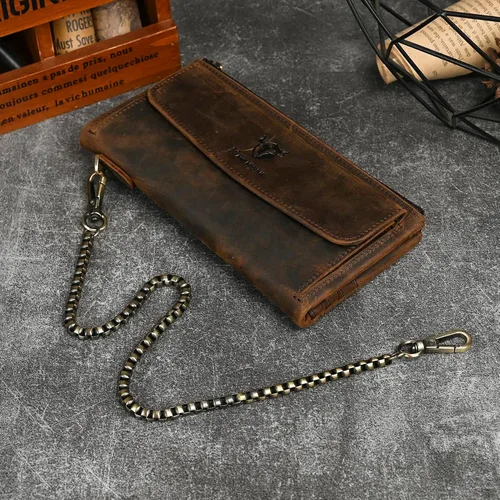 Miniatura 55 de Genuino Caballo Loco Cuero Regalo de Viaje Moneda Bolsillo Tarjetero Organizador Largo Cadena Rfid Cartera Monedero Con Broche Para Hombres Hombres