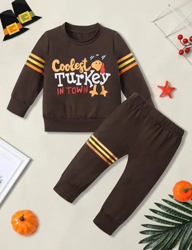 Miniatura 4 de WIQI Toddler Baby Boy Thanksgiving Outfit Turkey Letter Print Long Sleeve Striped Tops + Long Pants Thanksgiving Outfit Set