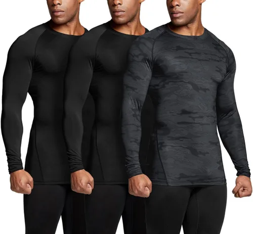 TSLA - Paquete de 1 o 3 camisas de compresión de manga larga FPU 50+ para hombre, camisa de entrenamiento atlético, protector de erupción para