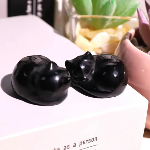 Miniatura 5 de QINJIEJIE Estatua de Gato de Obsidiana Negra Decoración de Cristales y Piedras Curativas Figura de Gatos Durmiendo Piedra Estatua Regalo Gemas