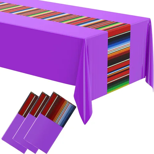 Miniatura 19 de Oudain Mantel de plástico para fiesta, 3 piezas, 108 x 54 pulgadas, desechables, impermeables, mexicanos, a rayas, para noche de tacos, festivales