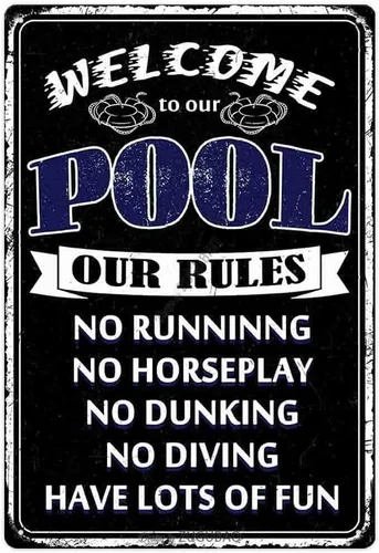 Letrero de reglas de piscina, decoración de piscina al aire libre, letrero de metal para piscina exterior, letrero de metal con texto en inglés