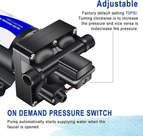 Miniatura 2 de Bomba de agua dulce RV de 12 V CC, bomba de diafragma de alta presión de 70 PSI, bomba de agua autocebante silenciosa bajo demanda con interruptor