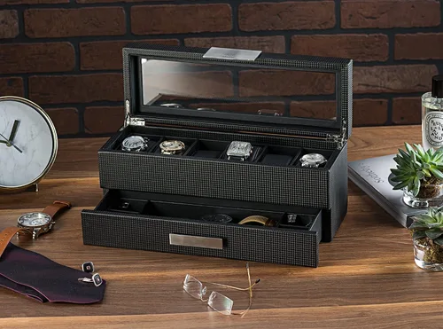 Miniatura 2 de Caja de reloj con cajón de Valet para hombre - organizador de exhibición de la caja de reloj de lujo de 6 ranuras, diseño de fibra de carbón