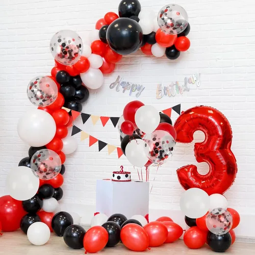 Miniatura 7 de RUBFAC 65 piezas de globos de 12 pulgadas, kit de globos rojos, negros y blancos con confeti y cintas para cumpleaños, bodas, baby shower, Negro