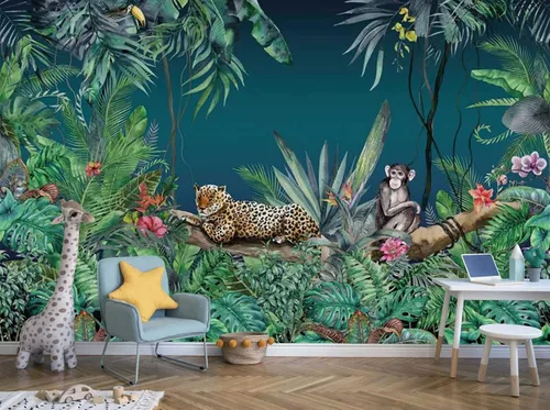 Miniatura 6 de Pegatinas de pared de animales de selva de plantas verdes tropicales, murales de pared personalizados para dormitorios, salas de estar, oficinas