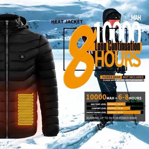 Miniatura 4 de Snullo Chaqueta acolchada con calefacción eléctrica para hombre, capucha aislada, cortavientos, 4 zonas de calor (batería no incluida)