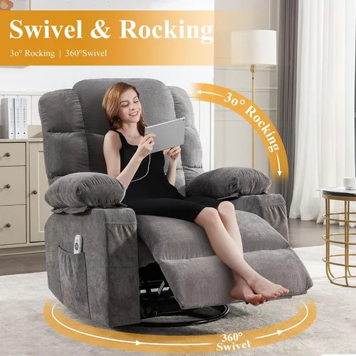 Miniatura 4 de MAHOMICO Swivel Rocker Recliner Chair with Vibration Massage and Heat for Living Room,with Rocking Function and Side Pocket, USB Charge Port,2 Cup