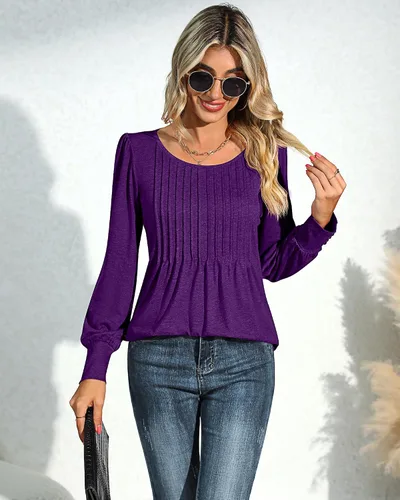 Miniatura 3 de Ficerd Blusa plisada de manga corta abombada para mujer, cuello redondo, elegante, casual, holgada, para primavera y verano