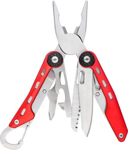 Amazon Basics Multiherramienta de acero inoxidable 10 en 1 con seguro de bloqueo y funda de nailon, rojo