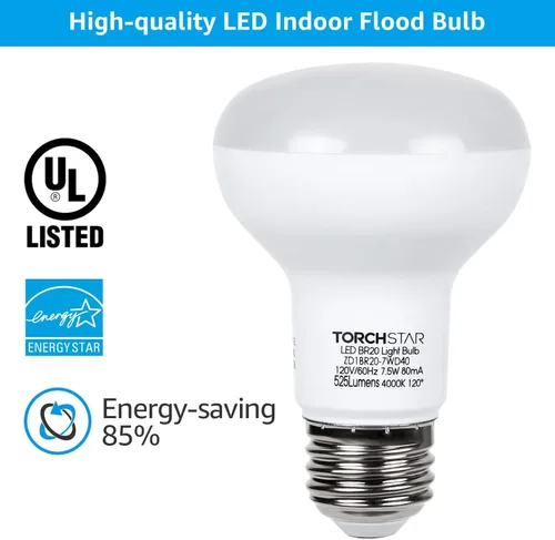 Miniatura 6 de TORCHSTAR Bombillas LED BR20, luz de inundación para interiores R20, regulable, 7.5 W (50 W equivalente), UL y Energy Star, 4000 K blanco frío, base