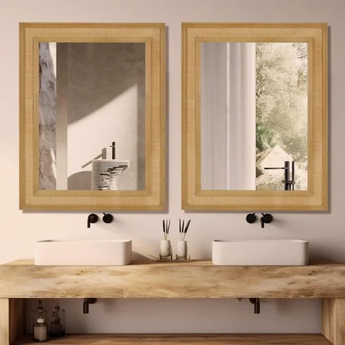 Miniatura 3 de WallBeyond Espejo de Pared de Ratán Rectangular, Espejo de Ratán de 32 X 44 Pulgadas con Marco de Madera para Decoración de Pared, Baño, Sala