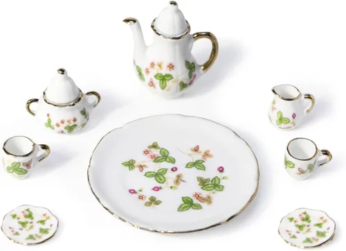 Miniatura 11 de Cutemini - Juego de tazas de té en miniatura de porcelana a escala 1:6, 8 piezas, con diseño de flores, tetera, plato y bandeja, suministros
