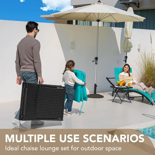 Miniatura 6 de Devoko Juego de tumbonas para patio al aire libre de ratán con respaldo ajustable, 3 piezas acolchadas para patio plegable con mesa plegable (azul)