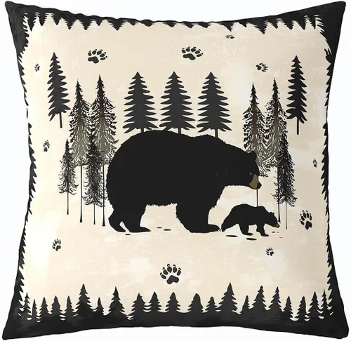 Cartoon Bear Pillow Cover Cute Wild Animal Paw Print Cushion Cover for Kids Boys Girls Teens Jungle Pine Trees Silhouette Cabin Pillow Case for