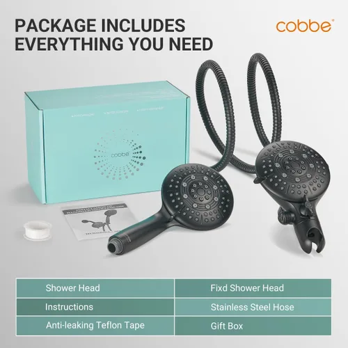 Miniatura 8 de Cobbe Combo de cabezal de ducha doble, sistema de ahorro de agua 2 en 1 con manguera de acero inoxidable de 59 pulgadas, lluvia de 1.8 GPM y Negro