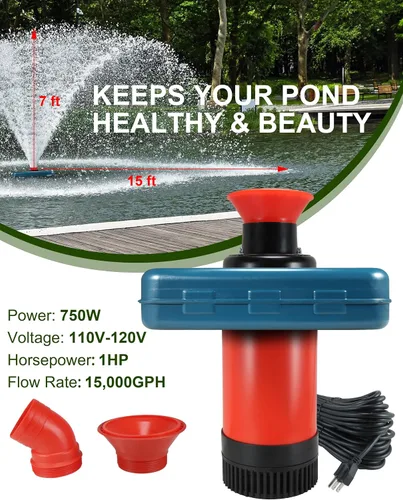 Miniatura 4 de Aireador de fuente de estanque 1HP, 750 W, 15000 GPH, 110 V-120 V, bomba de fuente de agua flotante con cable de alimentación de 100 pies, color Rojo