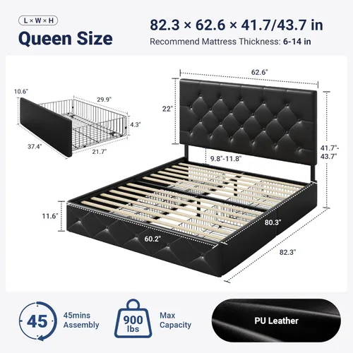 Miniatura 2 de Allewie Base de cama con plataforma tapizada tamaño Queen con 4 cajones de almacenamiento y cabecero, acolchado con botones de costura