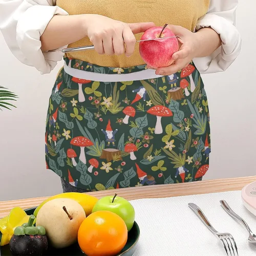 Miniatura 4 de Delantal de media cintura con patrón de hongos con 3 bolsillos para restaurante con correa larga, delantales a juego para mujeres y hombres