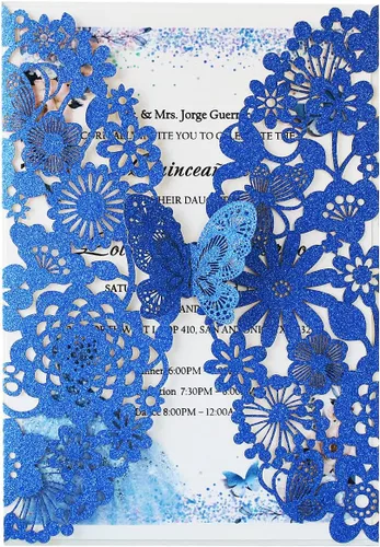 Hosmsua 50 invitaciones de quinceañera de mariposa azul rey y sobre de 5.12 x 7.3 pulgadas, corte láser, flora de encaje, invitación de quinceañera