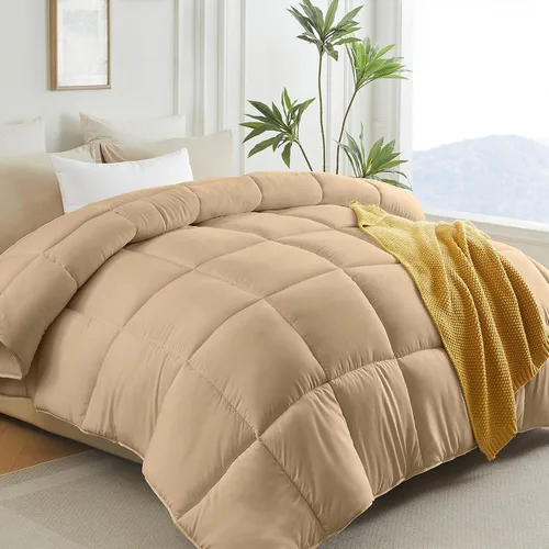 Miniatura 13 de L LOVSOUL Edredón alternativo de plumón tamaño King, relleno de edredón para todas las estaciones con pestañas en las esquinas, edredón beige King