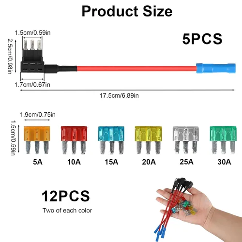 Miniatura 2 de Paquete de 5 adaptadores Micro 3 fusibles para añadir un circuito con 12 fusibles surtidos (5A 10A 15A 20A 25A 30A), kit de portafusibles de hoja