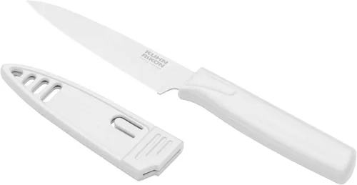 Kuhn Rikon Colori® - Cuchillo de pelar de acero inoxidable japonés de 4 pulgadas, hoja antiadherente, mango ergonómico y funda, color blanco