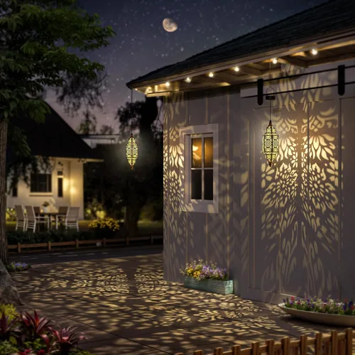 Miniatura 5 de Twinkya Paquete de 2 luces solares colgantes para jardín, farol solar decorativo para exteriores, impermeables, de metal, marroquí, decoraciones al