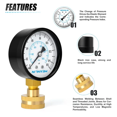 Miniatura 4 de MEANLIN MEASURE Medidor de presión de agua 0-150psi, medidor de presión de agua de 3/4" hembra con esfera de 2.5" y anillo de sellado, medidor