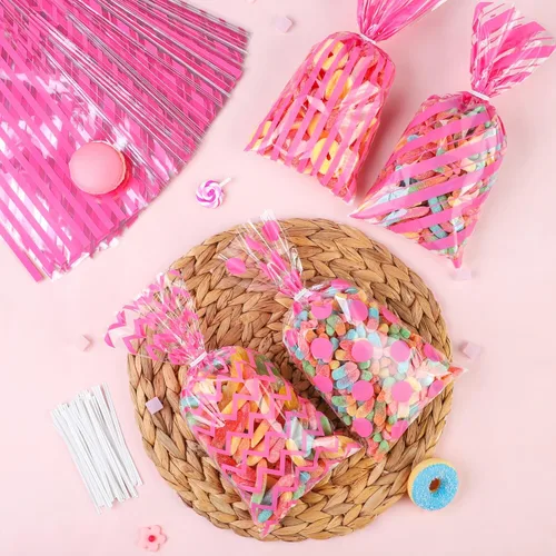 Miniatura 4 de Aodaer 100 bolsas de celofán rosa de 10.6 x 5.1 pulgadas, bolsas de plástico de celofán, bolsa de regalo con patrón de rayas de lunares, bolsa