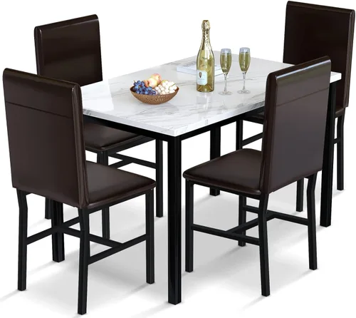 Miniatura 14 de AWQM Isla de cocina con asiento y estante de almacenamiento, mesa de isla de mármol sintético para cocina, mesa de bar moderna y sillas para 2