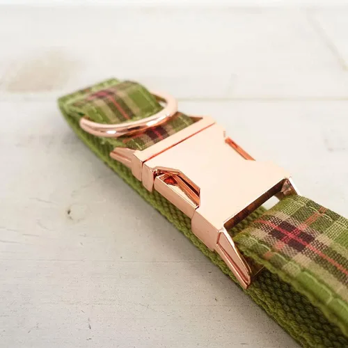 Miniatura 6 de PETDURO Collar de Perro a Cuadros Personalizado Verde Manzana - Nombre y Número de Teléfono Grabados en Hebilla de Metal Oro Rosa - Personalizado