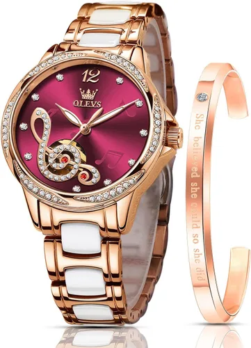 Miniatura 7 de OLEVS Relojes para mujer, mecánico automático, cuerda automática, oro rosa, reloj de mujer, vestido de diamante, pulsera de cerámica, impermeable
