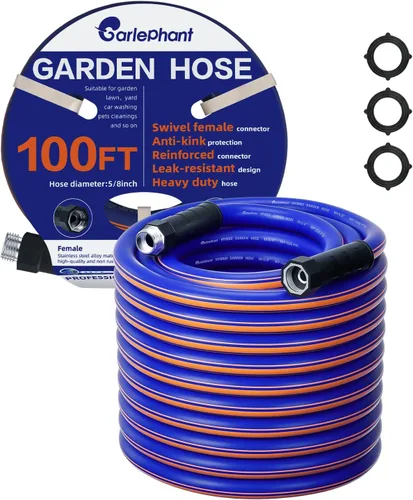 Manguera de jardín Garlephant de 100 pies x 5/8 pulgadas, manguera de agua de goma híbrida de 100 pies, mangueras de jardín resistentes, anti-UV,