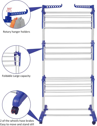 Miniatura 3 de Estante de secado de ropa, de acero inoxidable, de gran tamaño, plegable, de 4 niveles, estante de secado de ropa plegable para interiores