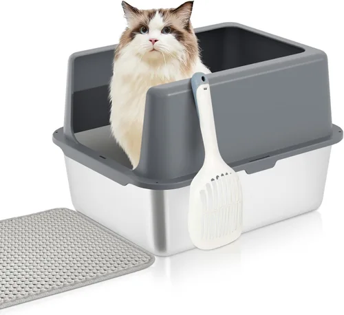 Miniatura 13 de LIHONG Caja de arena de acero inoxidable para gatos, caja de arena de metal extra grande para gatos grandes, gatitos, conejos, sin olor, 6 pulgadas
